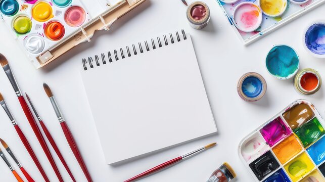 Flat lay of an artist's desk with paintbrushes, watercolor paints, and sketchbook on a white background