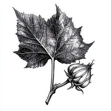 recommend clip art: Black and white Vintage engraved art of a burdock leaf isolated on white background, ink sketch illustration, simple vector art design, highly detailed line art, high contrasty