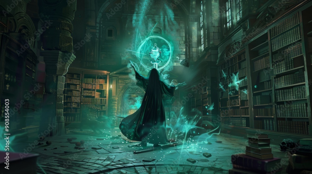 Wall mural A wizard is casting a spell in a library with green and blue lighting