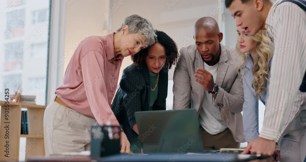 Aufkleber Business people, teamwork and meeting with laptop in office for network, testing or project review. Happy, developer and employees with technology at desk for server launch, deployment or programming