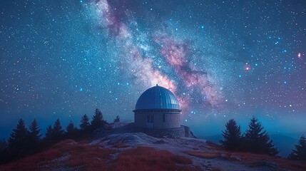 Obraz premium Astronomical observatory is perched on a mountaintop, observing the milky way galaxy illuminating the night sky