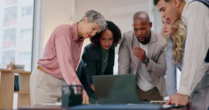 Business people, teamwork and meeting with laptop in office for network, testing or project review. Happy, developer and employees with technology at desk for server launch, deployment or programming