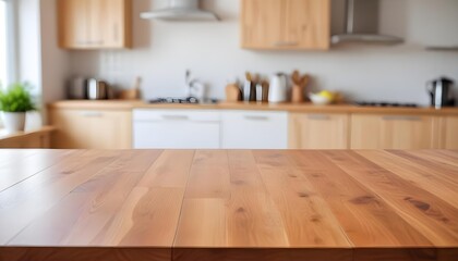 Wooden table top with blurred kitchen interior in the background