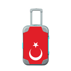 Travel suitcase in the colors of the Turkey flag. Isolated on a white background. Trips. Design