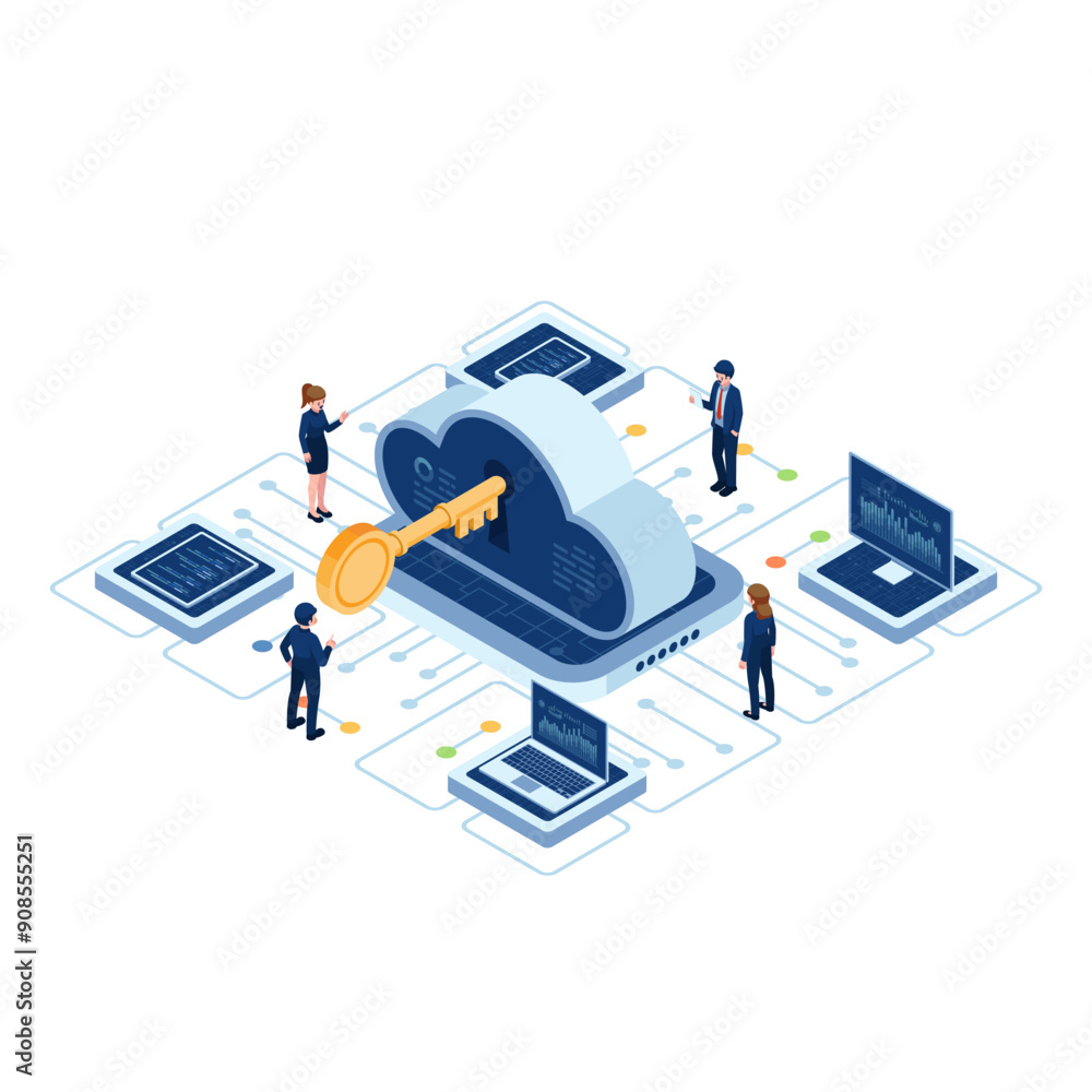 Poster isometric cloud-based solution with key and user
