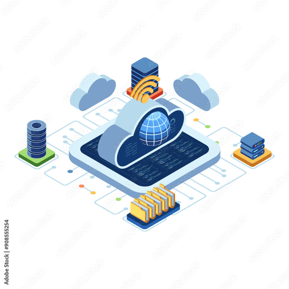 Poster isometric cloud computing with global network and data center