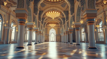 A grand mosque in Madina, with no people inside. It's a beautiful oriental building.