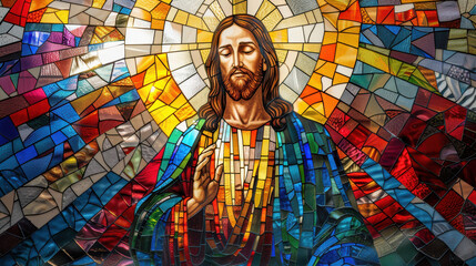 A stained glass artwork of Jesus Christ, radiant and divine, central figure with a halo, surrounded by a vibrant, colorful mosaic