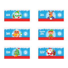Printable dollar cash with children's Christmas characters: Santa, Christmas tree, snowman, elf, reindeer.