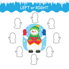 An educational game for children to develop attention. Right left. Snowman. Color according to the sample. Christmas printable sheet
