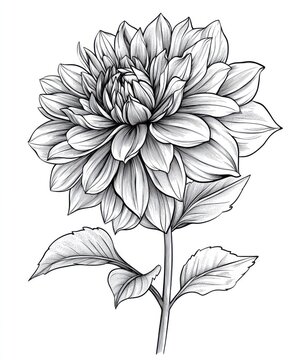 recommend clip art: Black and white Vintage engraved art of a dahlia bouquet isolated on white background, ink sketch illustration, simple vector art design, highly detailed line art, high contrasty. -