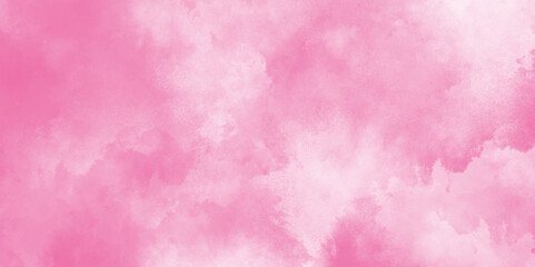 Soft smeared aquarelle painted pink texture, Abstract pink sky background and white clouds on pink canvas, Paint leaks and ombre effects hand painted cloudy pink paper texture.
