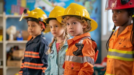 A classroom scene on Labor Day where children are dressed up in the uniforms of different professions they aspire to, learning about various careers.