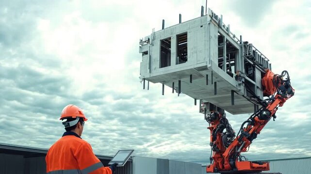 Engineer controls house-building robot