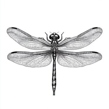 recommend clip art: Black and white Vintage engraved art of a dragonfly isolated on white background, ink sketch illustration, simple vector art design, highly detailed line art, high contrasty.