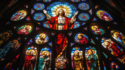 A stained glass masterpiece depicting Jesus Christ, arms outstretched, surrounded by disciples, vivid blues and reds dominate, intricate glass details, set in a grand cathedral