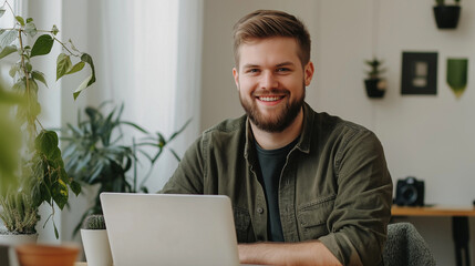 a happy man sitting at desk working on laptop looking at camera