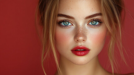 Fototapeta premium Beautiful girl with beautiful makeup, Lips painted boldly with a brilliant red lipstick 