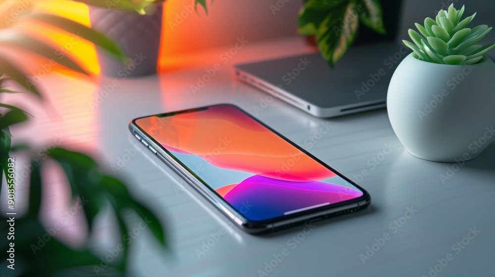 Poster a smartphone with a sleek design displayed on a minimalistic desk, featuring a clear