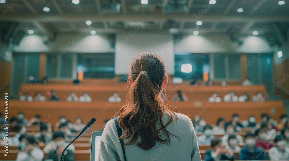 Poster a person speaking at a podium facing an audience in a lecture hall, with a focus on the speaker's ba