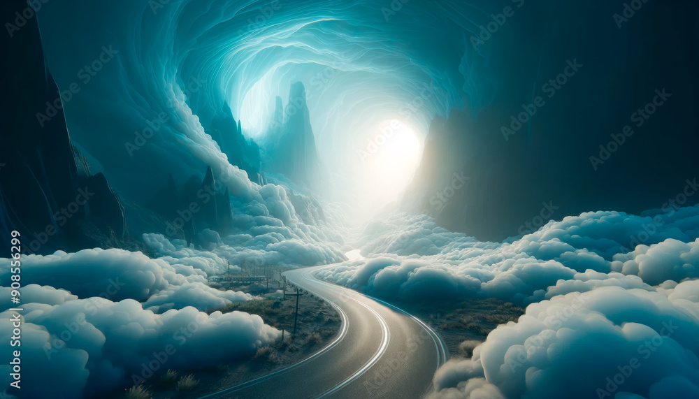 Poster ethereal landscape with a winding road among clouds, dramatic cliffs, and a luminescent sky, visuali