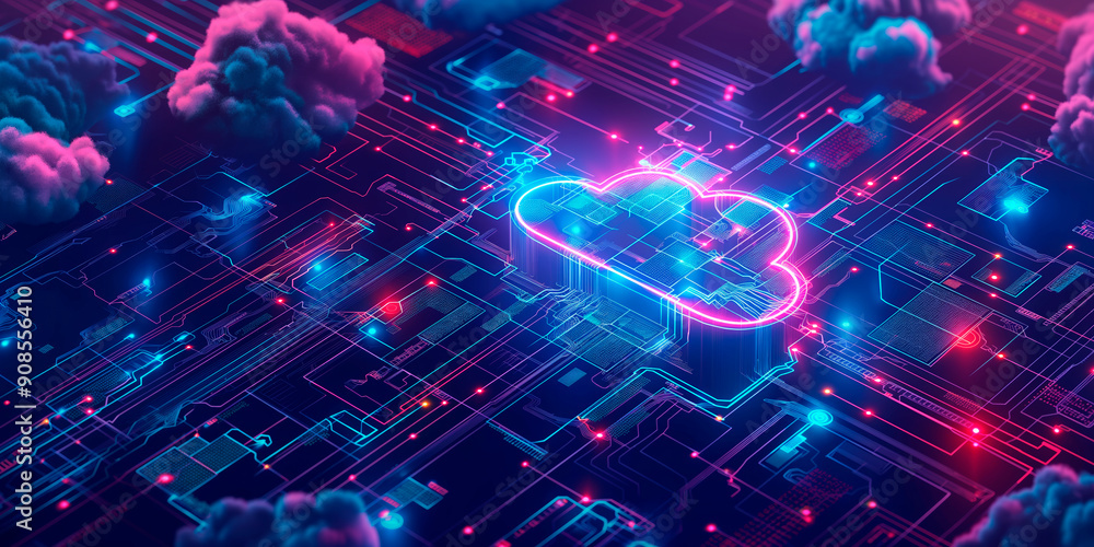 Poster neon glowing cloud symbol in a circuit board pattern, with vibrant blue and pink hues against a dark