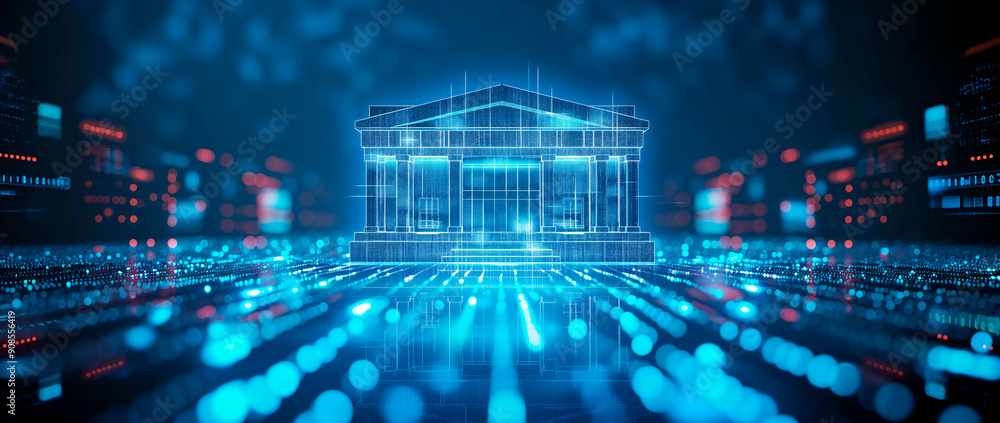 Poster holographic projection of a classical building in a futuristic digital space, with a vibrant blue an