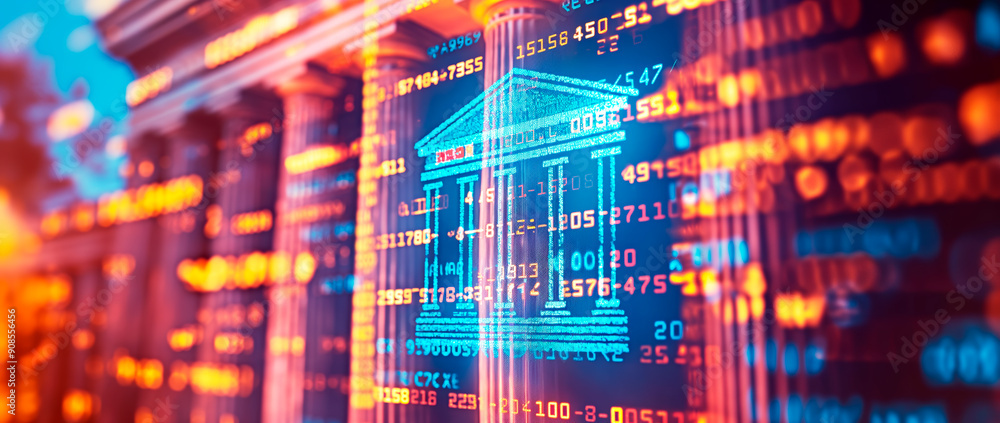 Aufkleber digital representation of a bank building with financial data overlay, set on a vibrant digital back