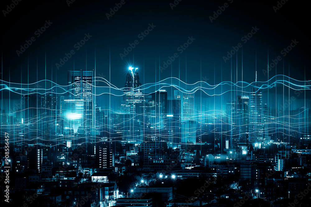 Poster a nighttime cityscape overlaid with digital wave patterns, depicting connectivity on a dark backgrou