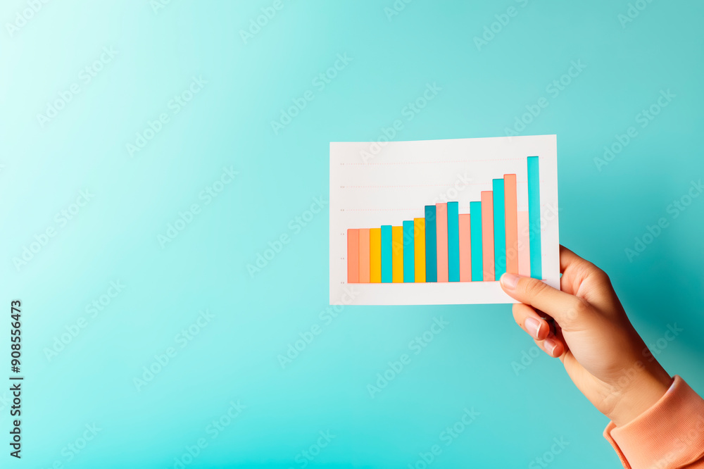 Fototapete hand holding a colorful bar graph on a solid teal background, illustrating the concept of data visua
