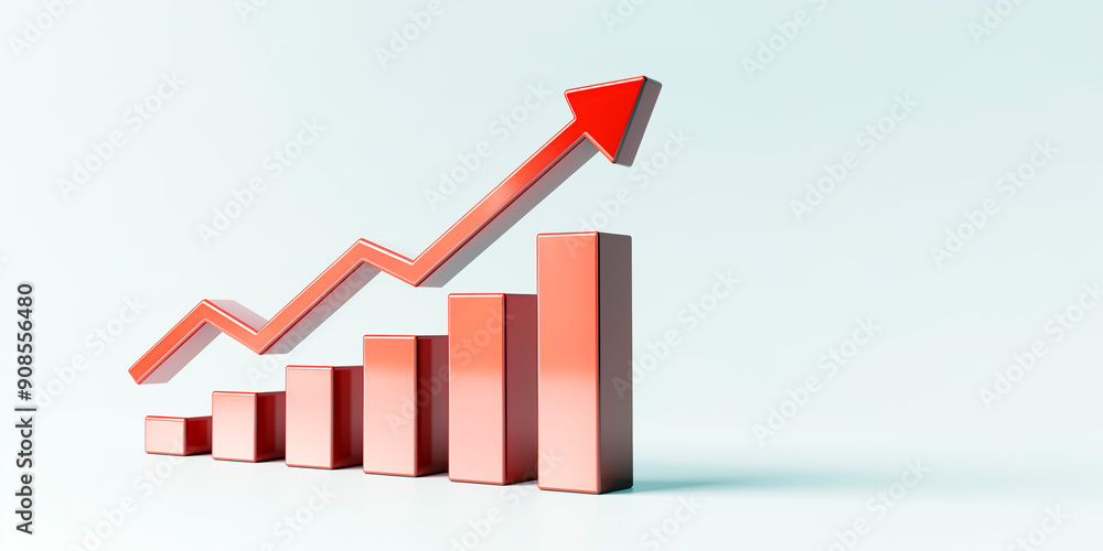 Poster red rising arrow and bars on a plain background, illustrating a growth concept in a digital art styl