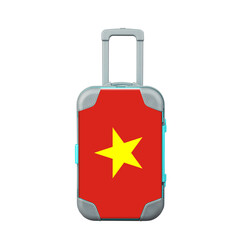 Obraz premium Travel suitcase in the colors of the Vietnam flag. Isolated on a white background. Trips. Design