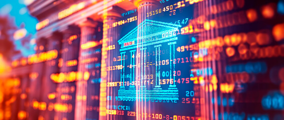 Digital representation of a bank building with financial data overlay, set on a vibrant digital background, concept of fintech. Generative AI
