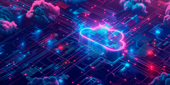 Neon glowing cloud symbol in a circuit board pattern, with vibrant blue and pink hues against a dark background, representing cloud computing technology. Generative AI