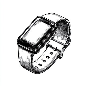 recommend clip art: Black and white Vintage engraved art of a fitness tracker isolated on white background, ink sketch illustration, simple vector art design, highly detailed line art, high contrasty