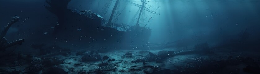 Obraz premium A shipwreck on the ocean floor illuminated by beams of light, evoking a mysterious underwater world teeming with history and intrigue.