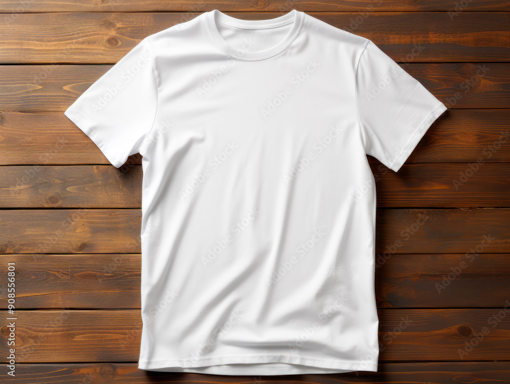 Poster white t-shirt mockup on a wooden background, a clean template with space for branding and identity d