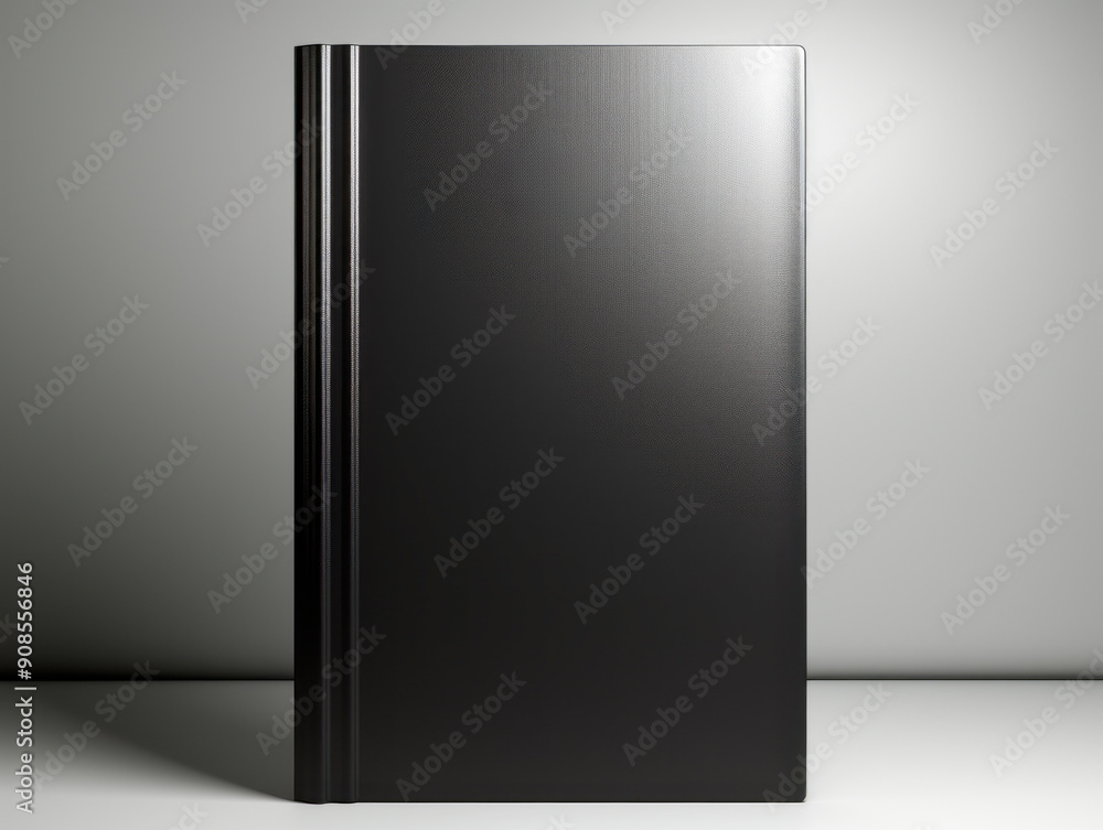 Poster a black book mockup standing upright on a gray background, concept of branding presentation. generat