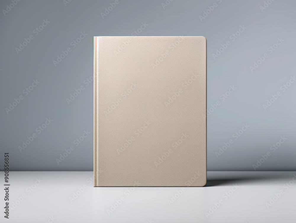 Poster a blank beige book mockup standing upright on a grey gradient background, concept of branding identi