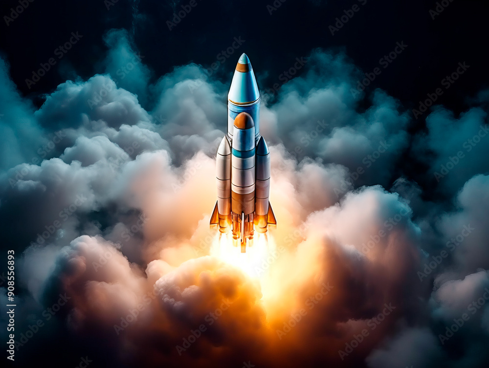 Aufkleber space rocket launch amid clouds with fiery thrusters, on a dark and moody background, concept of exp