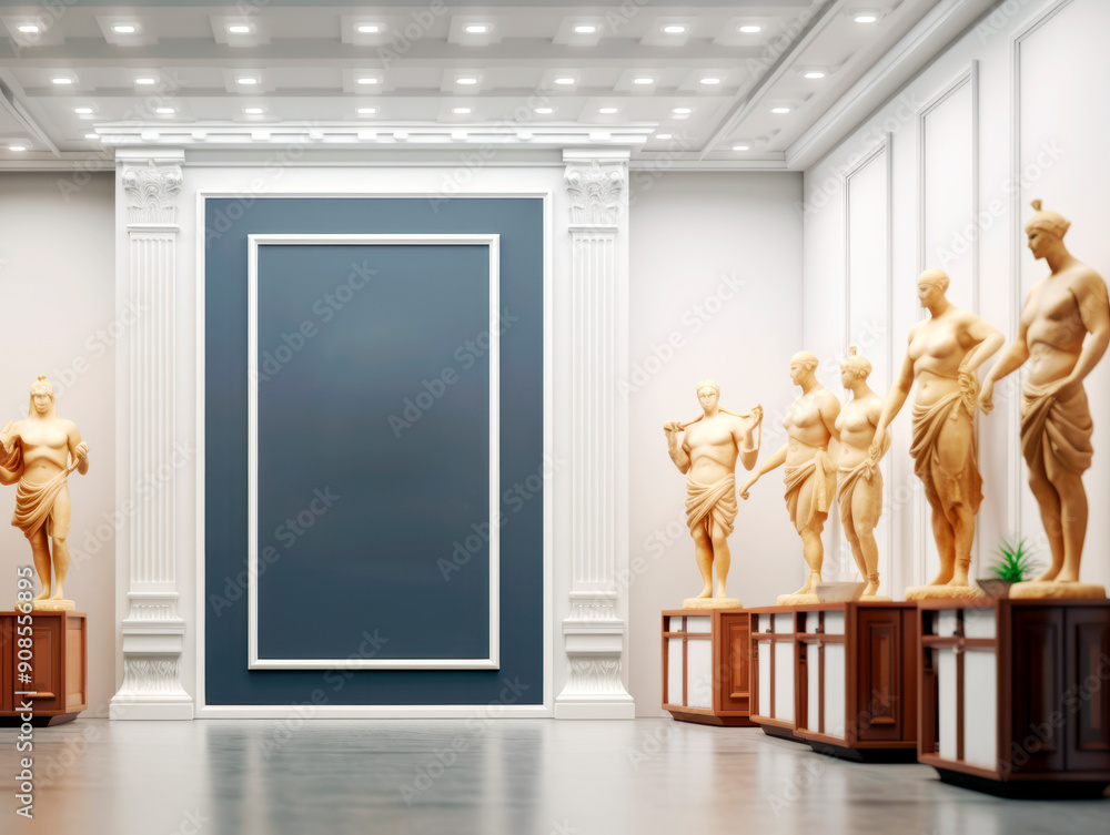 Poster a gallery interior with classical sculptures and a large blank canvas on the wall, clean space for d