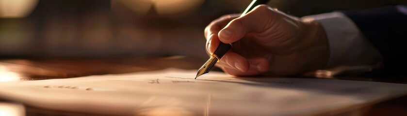Close-up of a hand writing with a pen on paper in a warm, dimly lit environment, capturing the essence of creativity and focus.