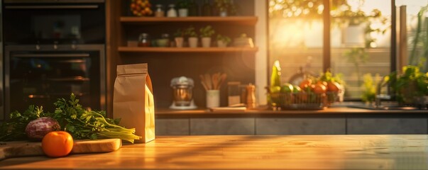 Fototapeta premium Cozy kitchen with sunlight streaming in, showcasing fresh produce, potted plants, and a warm atmosphere perfect for cooking.