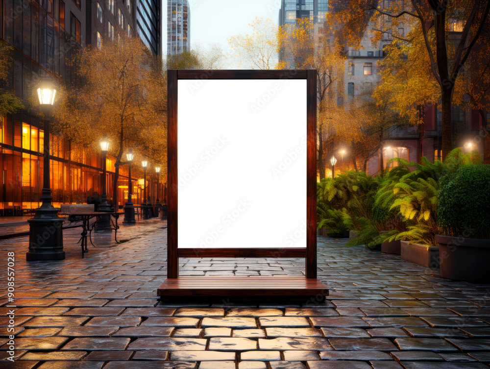 Poster blank billboard mockup in an urban setting at dusk, with wet cobblestone and illuminated street lamp