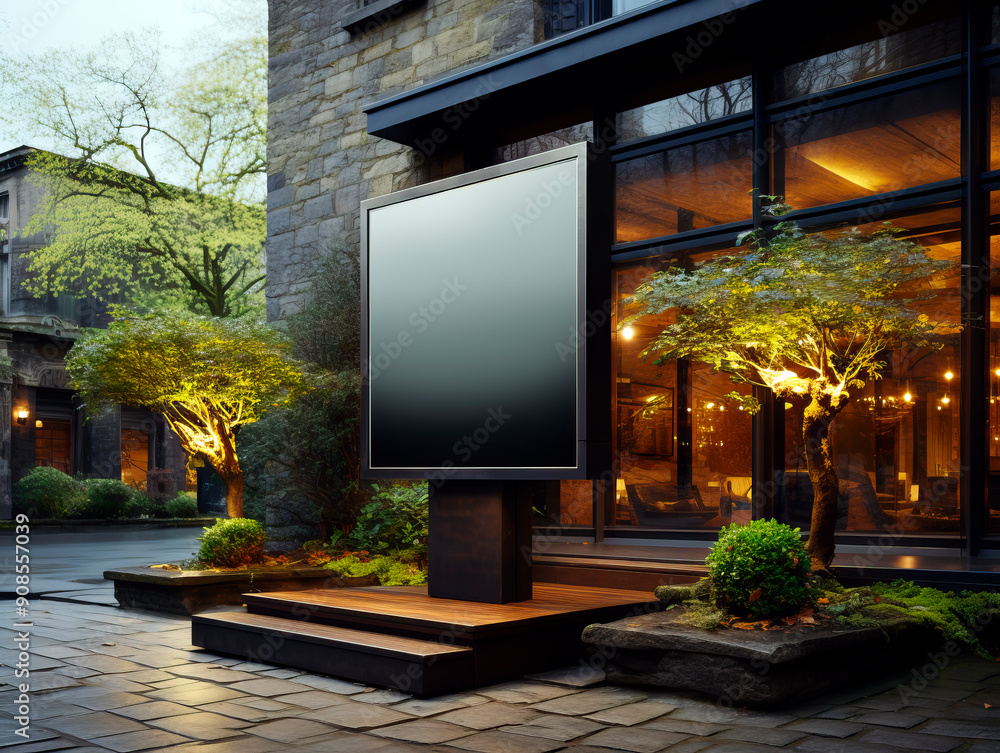 Poster an outdoor advertising billboard mockup in an urban setting at dusk, with illuminated trees as a con