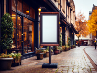 An empty advertising board on a city street with plants and a cafe background, concept of urban advertising. Generative AI