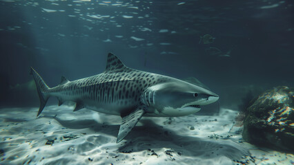 Naklejka premium Tiger Shark Patrolling Ocean Floor with Quiet Strength