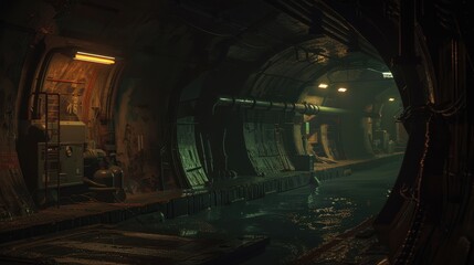 Dark, eerie underground sewer tunnel illuminated by dim lights with reflections on water, industrial urban setting.