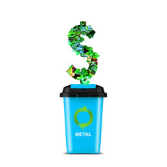 Blue trash can. With a recycling icon for metal, and sign dollar made from leaves. Isolated on a...