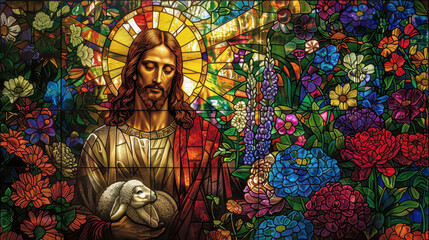 Fototapeta premium A stained glass scene of Jesus Christ, serene and compassionate, with a lamb by his side, surrounded by a lush garden in vibrant colors